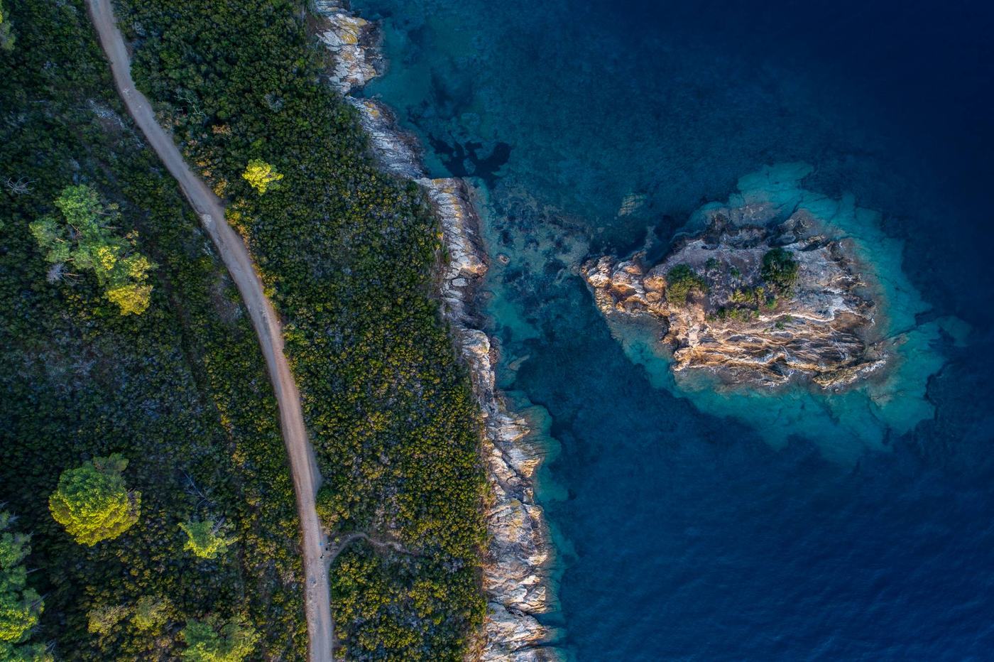 Strada sterrata fra i pini che costeggia il mare all'Isola d'Elba, con uno scoglio poco al largo